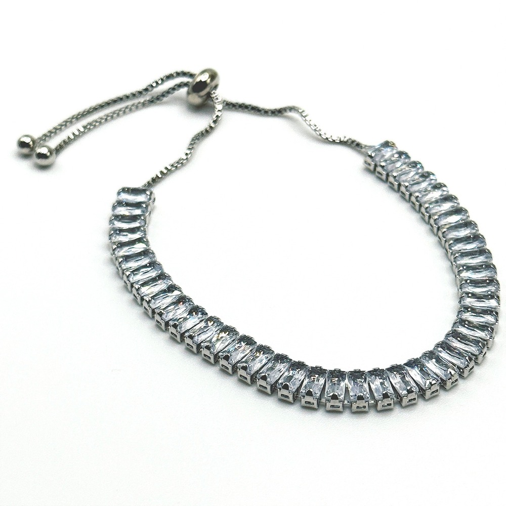 Baguette Tennis Bracelet Made with Swarovski Crystal Silver Overlay Adjustable